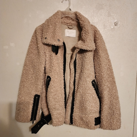Zara Teddy Faux Shearling Aviator Moto Jacket With Leather Accents Size L - Picture 3 of 11